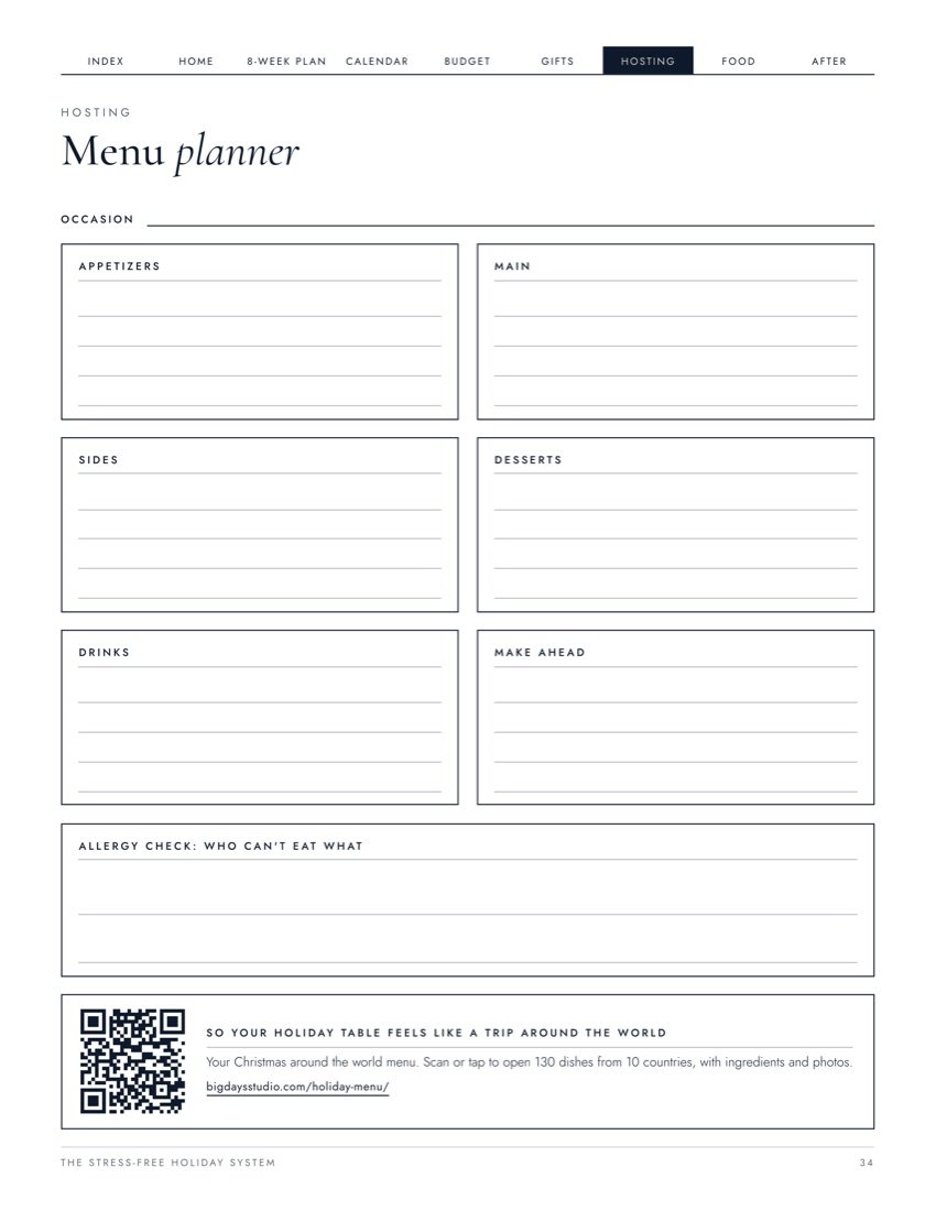Menu planner page with QR code