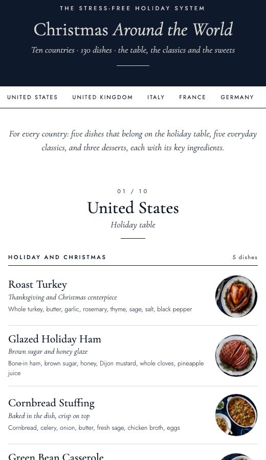 The Christmas around the world menu on a phone, showing the United States holiday dishes